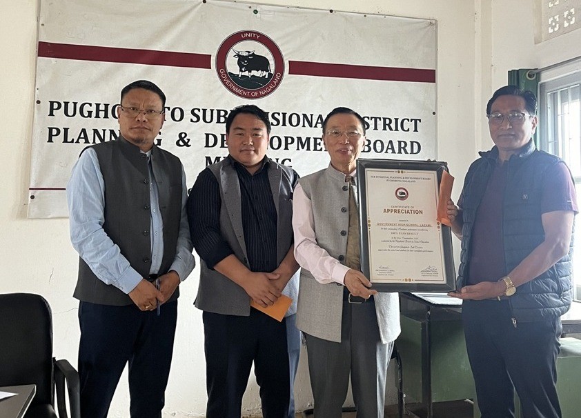 MLA & Chairman SDPDB Dr Sukhato A Sema felicitating schools for achieving 100% results in the recent HSLC examination 2025. (DIPR Photo)